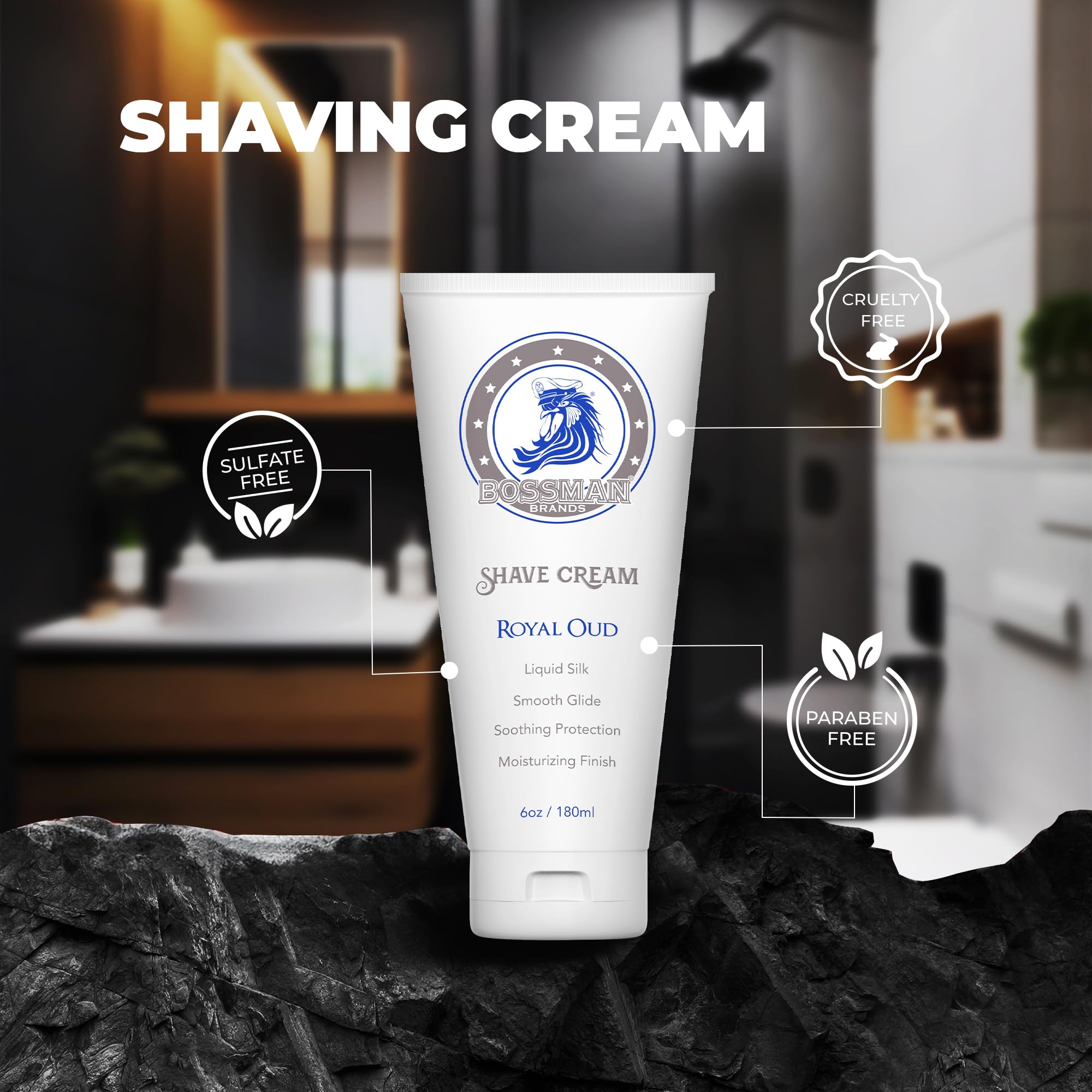 Bossman Liquid Silk Shaving Cream - Travel Shave Cream Sensitive Skin, Smooth Glide, Soothing Protection, Moisturizing Finish (Royal Oud Scent)