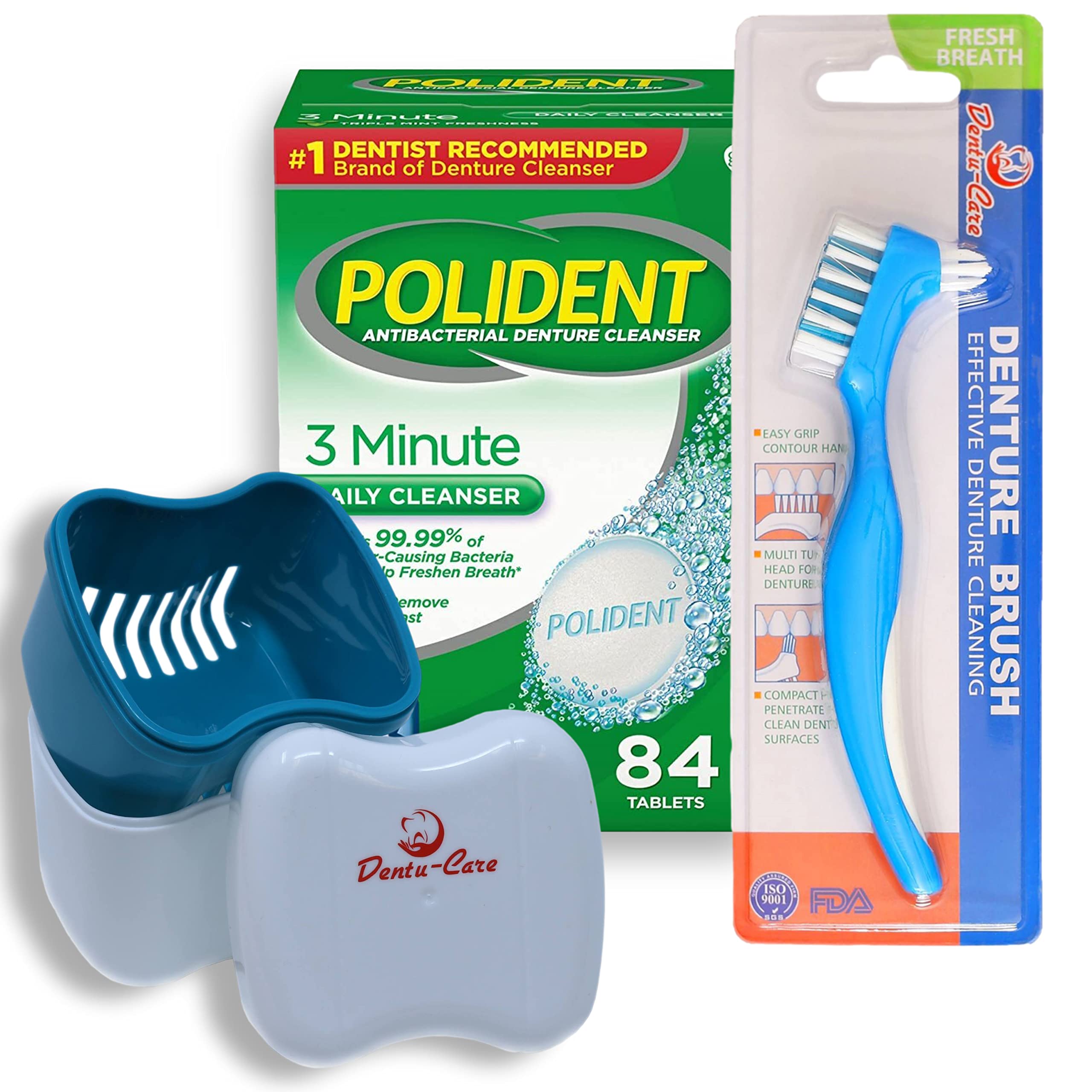 Polident 3 minutes Denture Cleaner 84 Tablets Bundle Dentu-Care Denture Case and Brush | Easy To Maintain Good Clean Full/Partial Dentures Mouthguards | No More Spongy Painful Gums