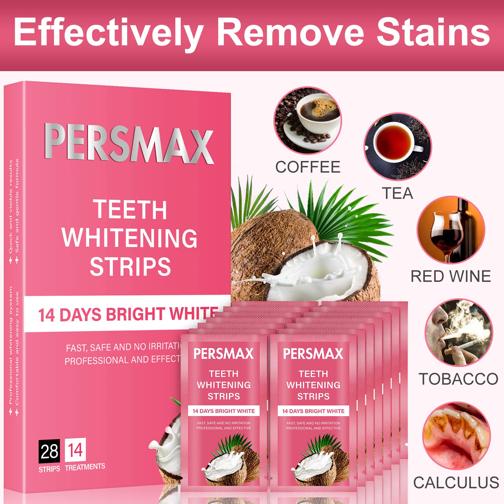 PERSMAX Teeth Whitening Strips 14 Treatments, Enamel Safe for Whiter Teeth, Non-Slip Sensitivity Free Dental Teeth Whitening Kit, Pack of 28 Strips