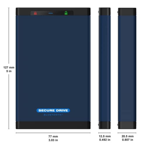 SecureData SecureDrive BT 2TB SSD Hardware Encrypted USB 3.0 Ext Drive FIPS 140-2 Level 3 Unlock via Phone app TAA Compliant, CJIS, HIPAA, CMMC, GDPR Compliant, Works with Mac and Win Free AV