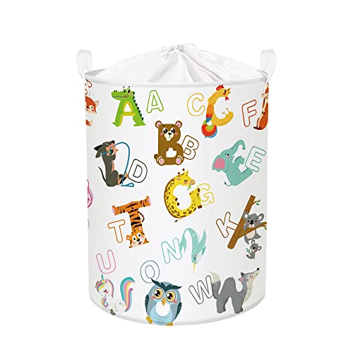 Clastyle 45L Cute Animal Alphabets Collapsible Laundry Hamper Waterproof Owl Elephant Kids Laundry Basket with Drawstring for Bedroom, 14.2 * 17.7 in