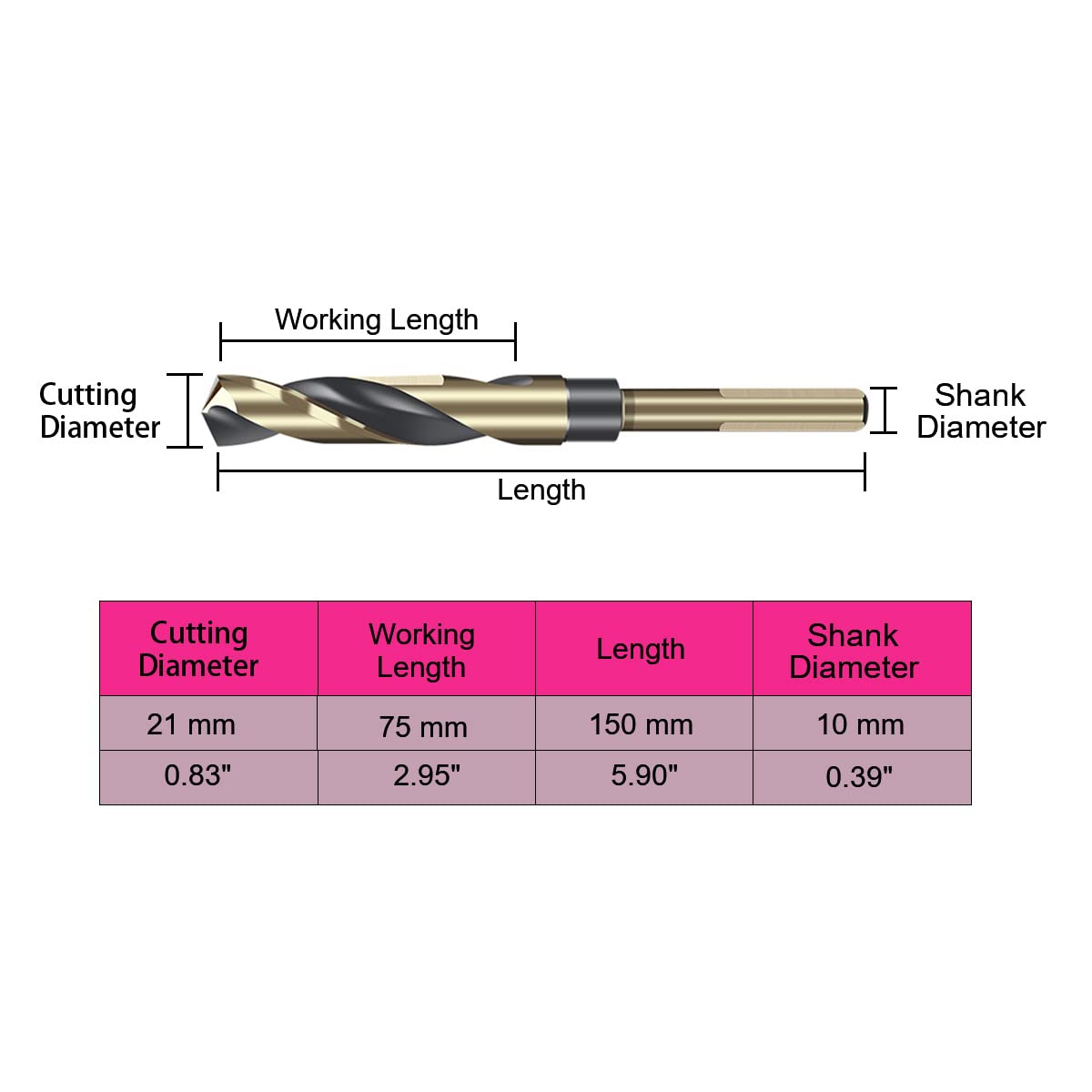 Reduced Shank Twist Drill Bits, 21 mm Cutting Diameter High Speed Steel, Gold and Black Coated Drilling Bits, 10mm Dia. 3-Flats Reduced Shank Twist Drill (21 mm)