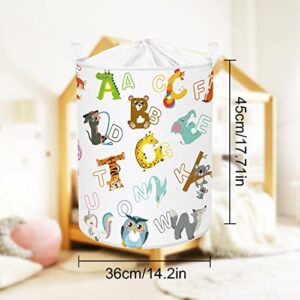 Clastyle 45L Cute Animal Alphabets Collapsible Laundry Hamper Waterproof Owl Elephant Kids Laundry Basket with Drawstring for Bedroom, 14.2 * 17.7 in