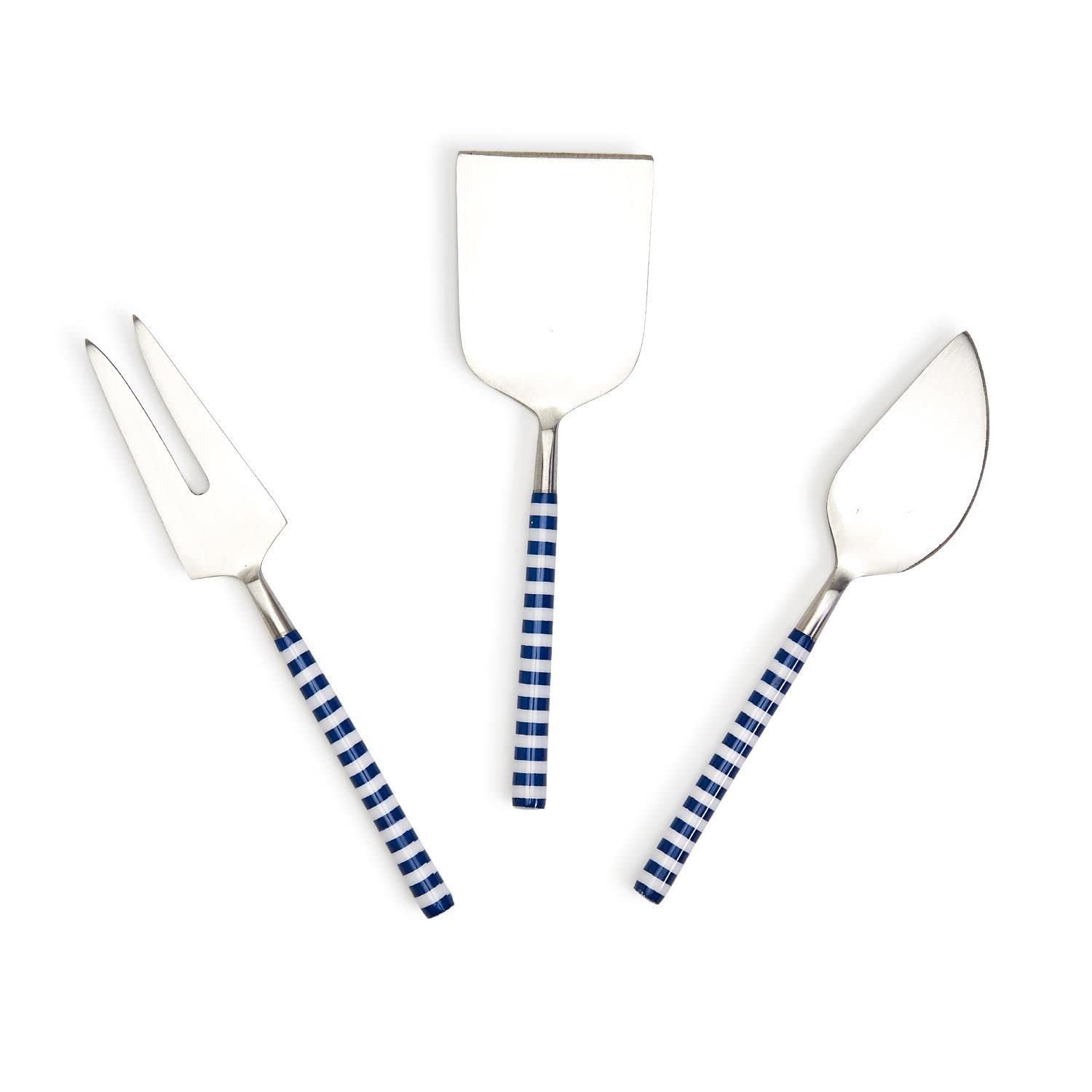 Two's Company Yacht Club Set of 3 Blue and White Stripe Cheese Knives