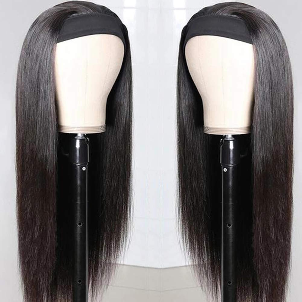 Headband Wig Human Hair Straight 18 Inch Headband Wigs for Black Women Glueless None Lace Front Human Hair Headband Wig Brazilian Virgin Hair Machine Made Human Hair Wigs Natural Black 150% Density