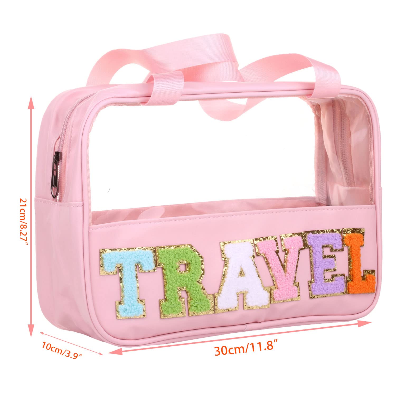 CRUOXIBB Chenille Letter Patch Clear PVC And PU leather Large Travel Makeup Toiletry Storage Bag Waterproof Makeup Tote Bag for Women (Travel-Pink)