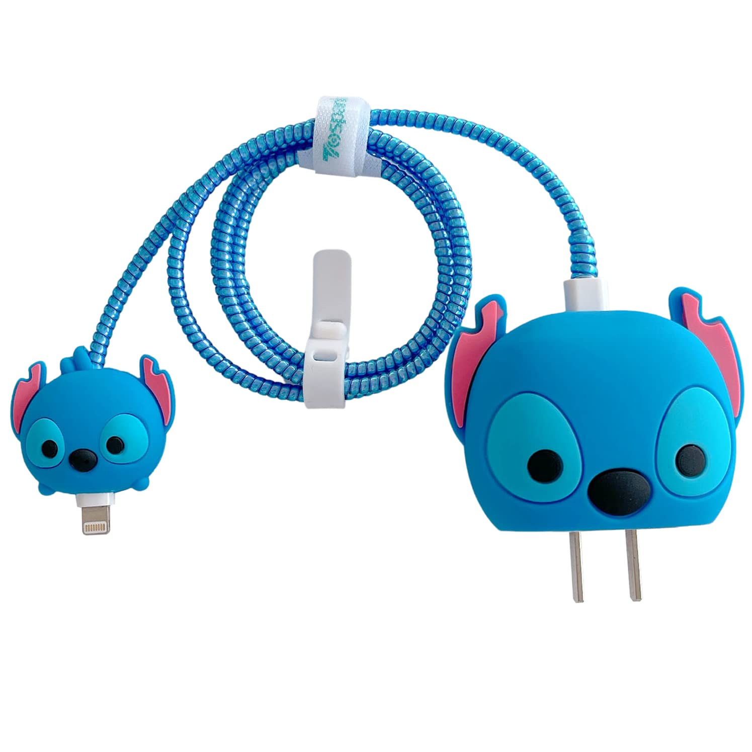 3D Cute Cartoon Charger Protector Case - Compatible for Apple 20W USB-C Power Adapter and Lightning Cable (Blue Lion Stitch)