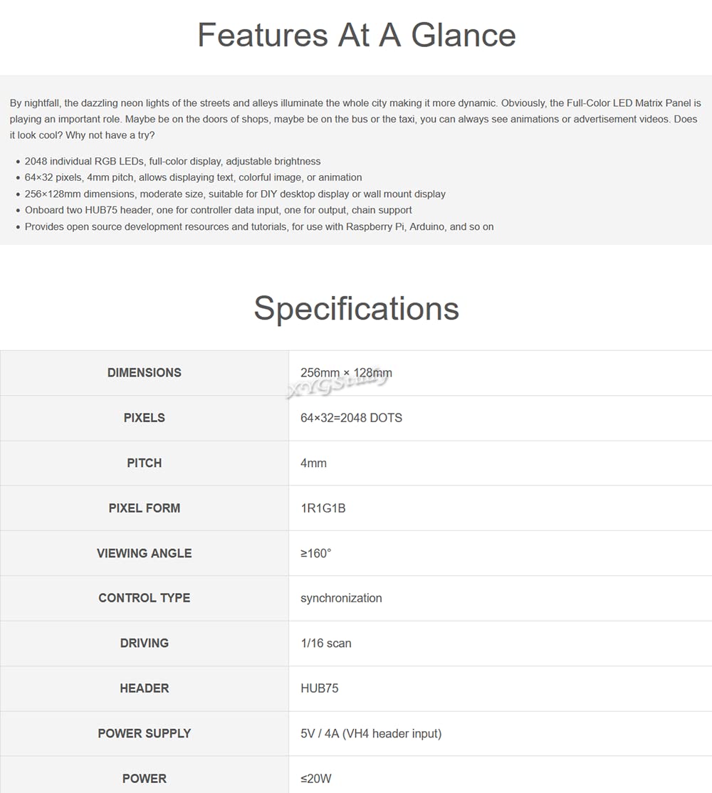 RGB Full-Color LED Matrix Panel Pitch 4mm Pixels 64×32 with 2048 Individual RGB LEDs Adjustable Brightness for use with Raspberry Pi etc @XYGStudy (RGB-Matrix-P4-64x32)