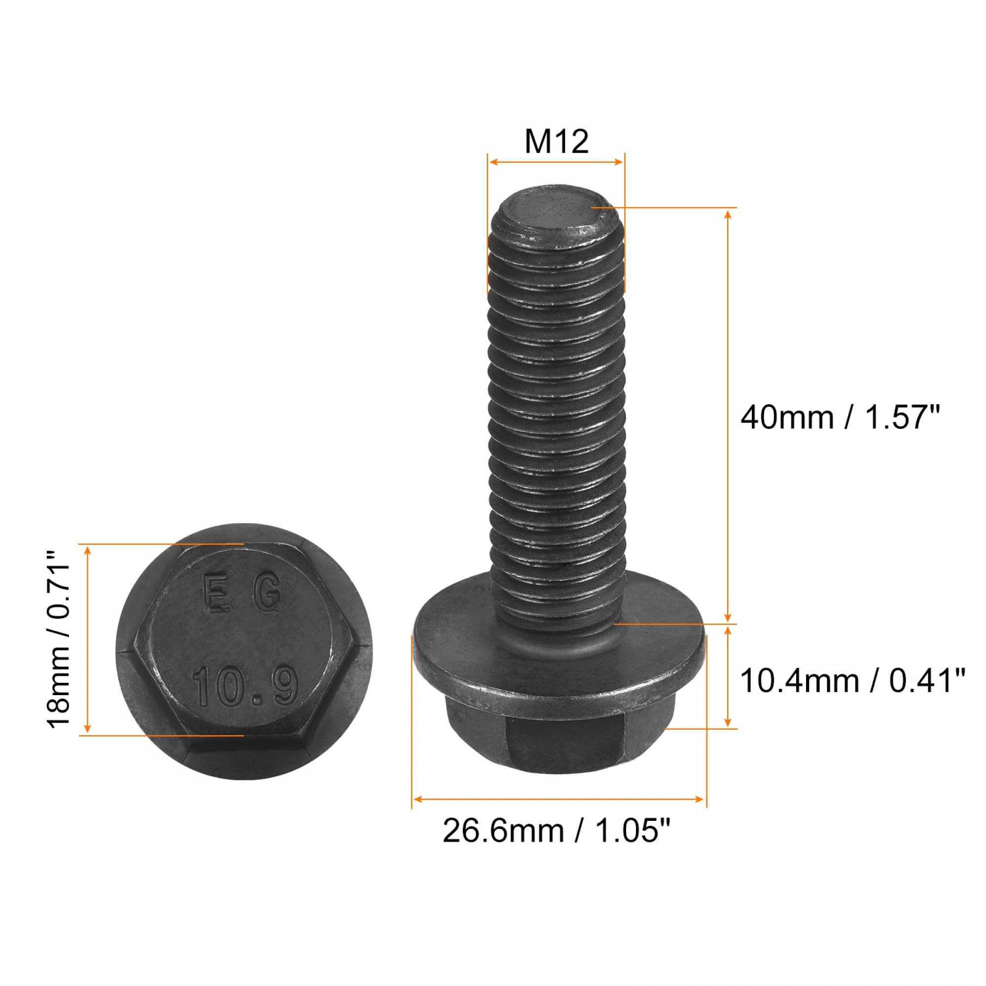 uxcell Metric M12x40mm Hex Flange Bolts, 6pcs 10.9 Grade Carbon Steel Hexagon Head Screws