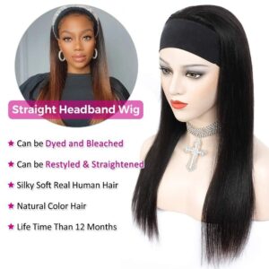 Headband Wig Human Hair Straight 18 Inch Headband Wigs for Black Women Glueless None Lace Front Human Hair Headband Wig Brazilian Virgin Hair Machine Made Human Hair Wigs Natural Black 150% Density