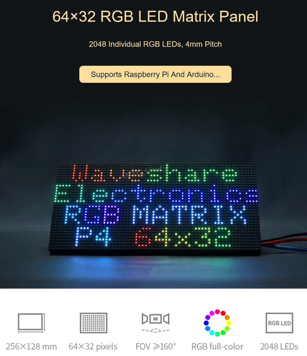 RGB Full-Color LED Matrix Panel Pitch 4mm Pixels 64×32 with 2048 Individual RGB LEDs Adjustable Brightness for use with Raspberry Pi etc @XYGStudy (RGB-Matrix-P4-64x32)