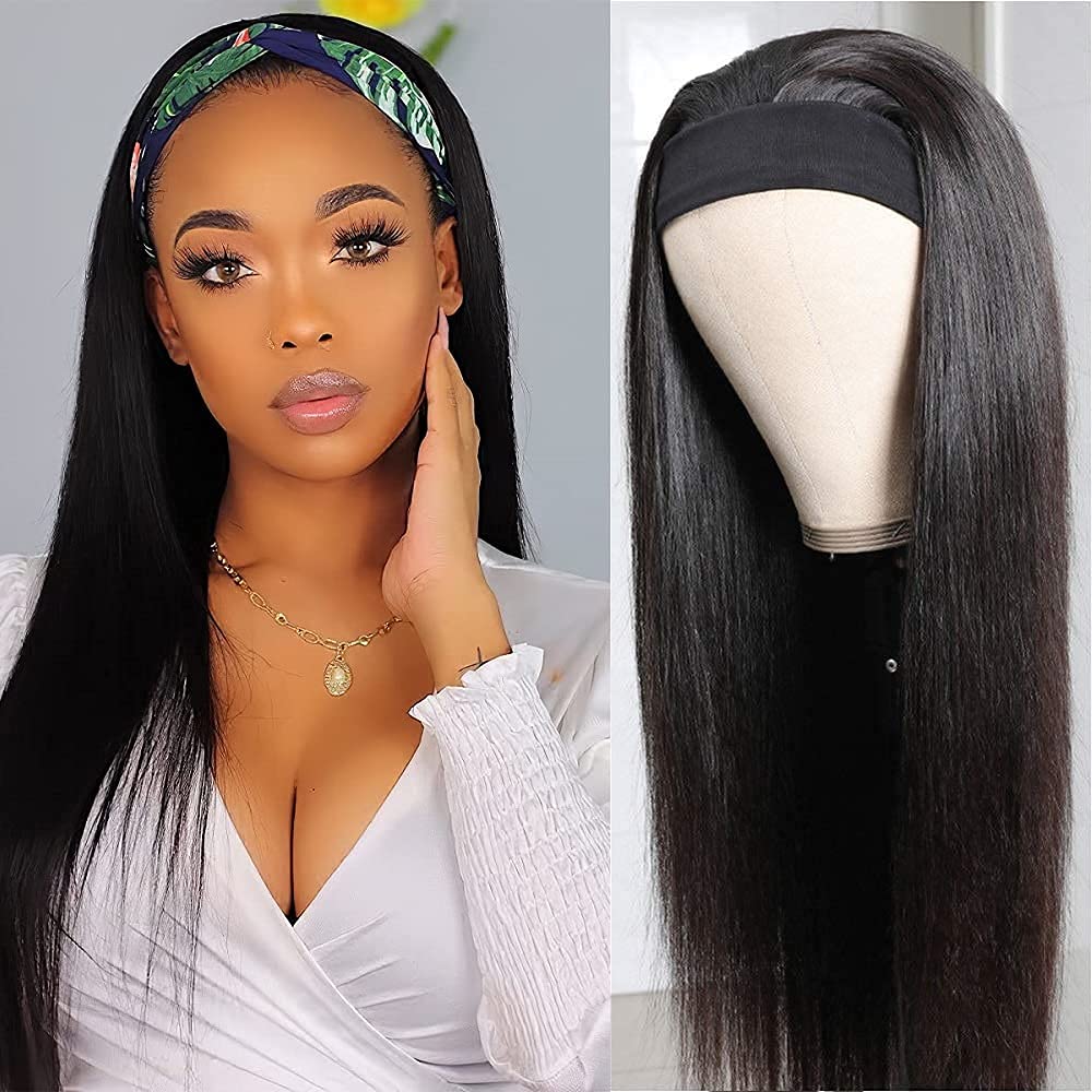 Headband Wig Human Hair Straight 18 Inch Headband Wigs for Black Women Glueless None Lace Front Human Hair Headband Wig Brazilian Virgin Hair Machine Made Human Hair Wigs Natural Black 150% Density