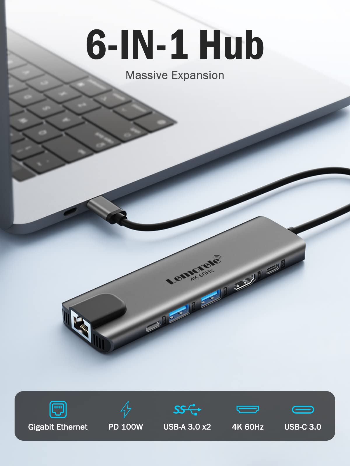 USB C Hub, Lemorele USB-C Hub (6-in-1) with 4K@60Hz HDMI, Gigabit Ethernet,100W Power Delivery, USB-C and 2 USB-A 5 Gbps Data Ports, USB c Adapter for MacBook Air, MacBook Pro, XPS, and More