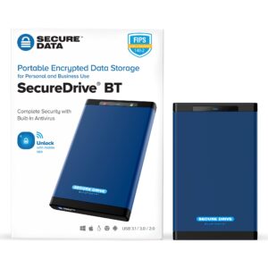 SecureData SecureDrive BT 2TB SSD Hardware Encrypted USB 3.0 Ext Drive FIPS 140-2 Level 3 Unlock via Phone app TAA Compliant, CJIS, HIPAA, CMMC, GDPR Compliant, Works with Mac and Win Free AV