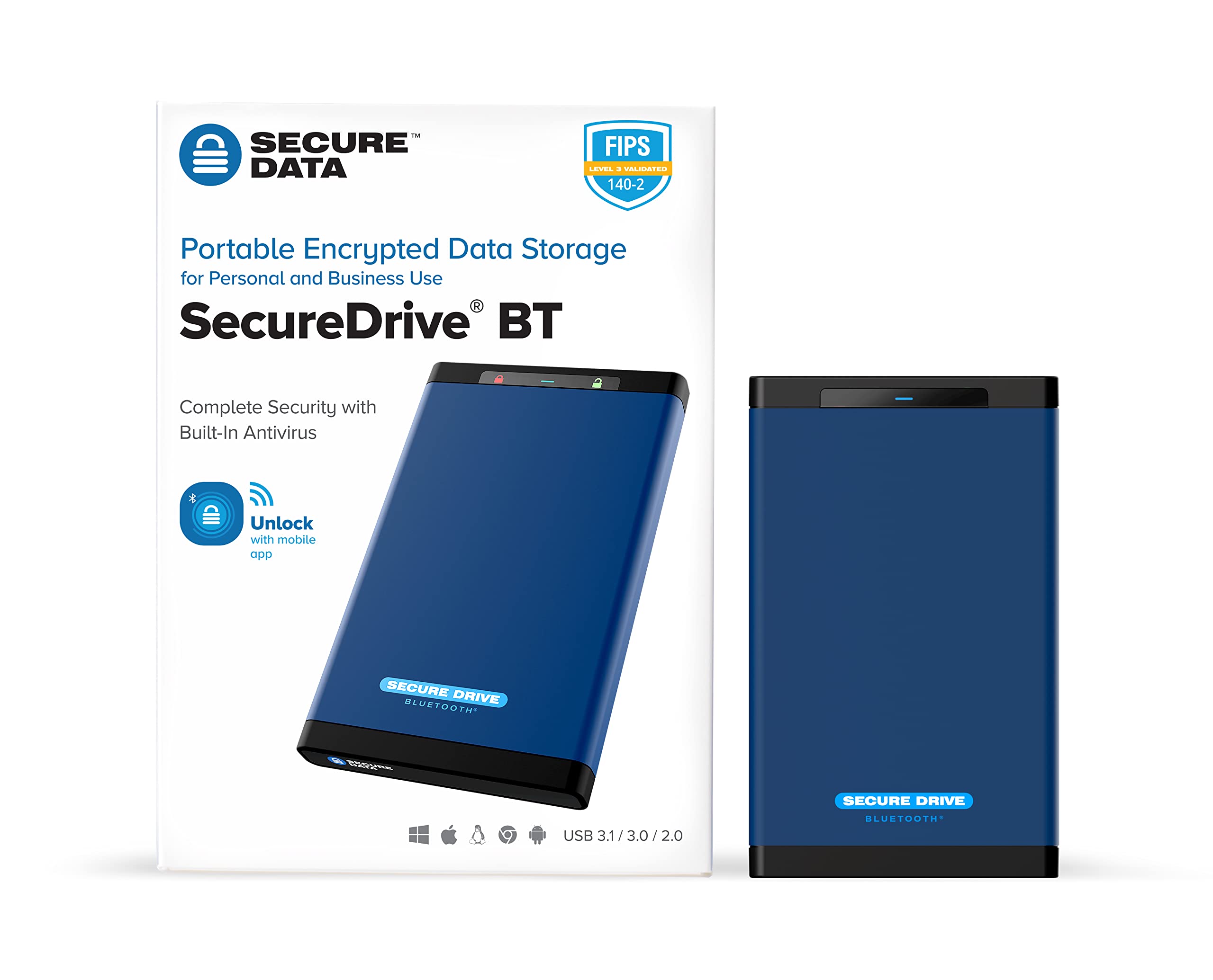 SecureData SecureDrive BT 2TB SSD Hardware Encrypted USB 3.0 Ext Drive FIPS 140-2 Level 3 Unlock via Phone app TAA Compliant, CJIS, HIPAA, CMMC, GDPR Compliant, Works with Mac and Win Free AV