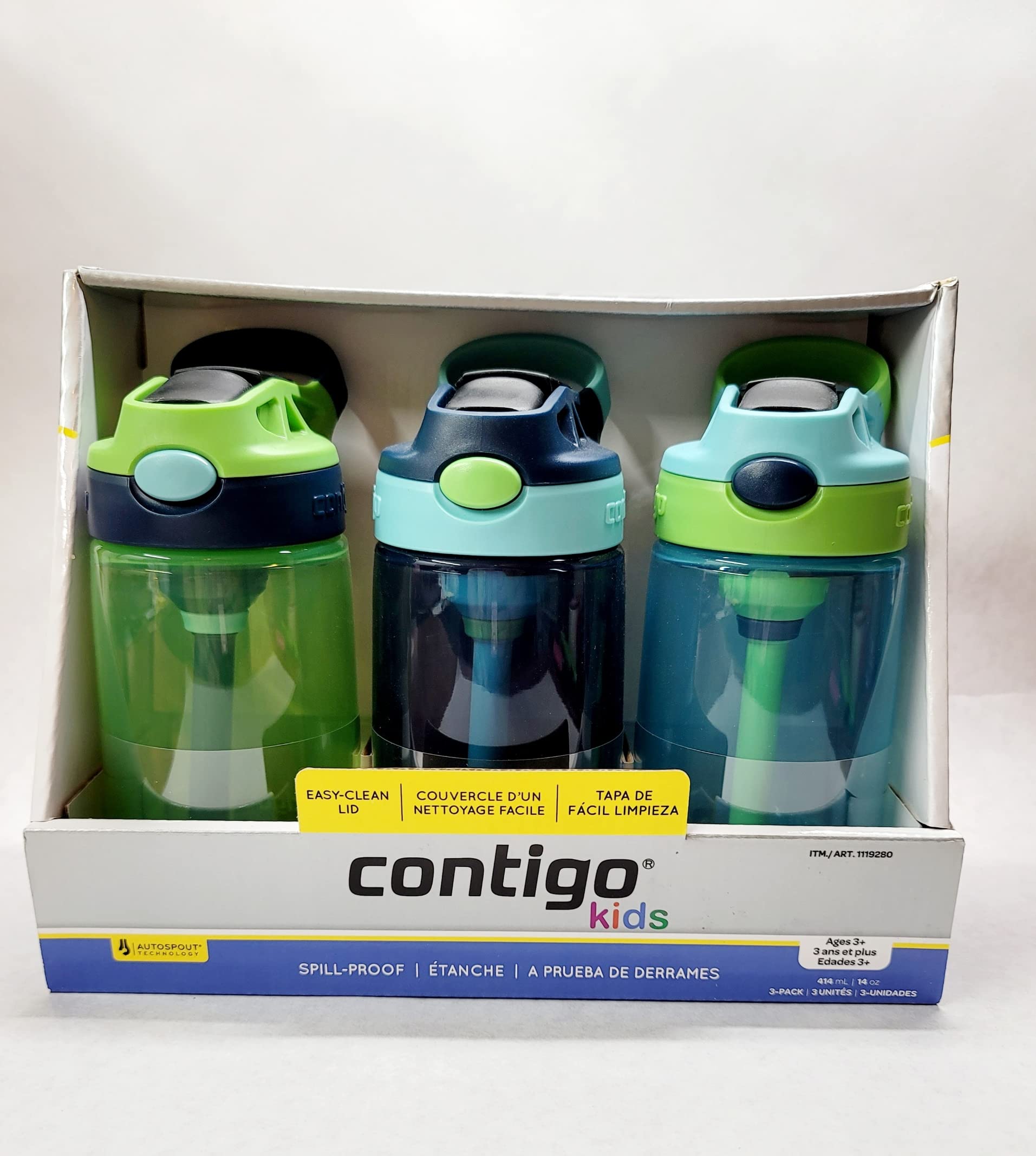 Contigo Kids Water Bottle, 14 oz with Autospout Technology – Spill Proof, Easy-Clean Lid Design – Ages 3 Plus, Top Rack Dishwasher Safe, 3-Pack, Green / Blue, blue green