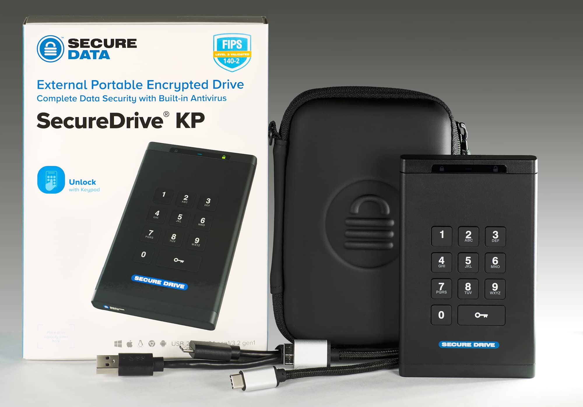 SecureData SecureDrive KP 5TB Hardware Encrypted USB 3.0 External Drive FIPS 140-2 Level 3 Unlock via Keypad TAA Compliant, CJIS, HIPAA, CMMC, GDPR Compliant, Works with Mac and Win Free AV