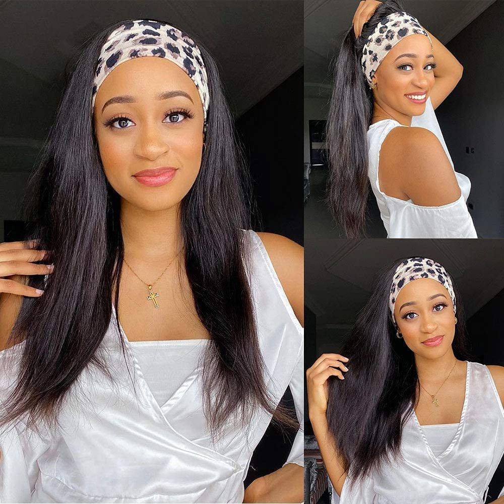 Headband Wig Human Hair Straight 18 Inch Headband Wigs for Black Women Glueless None Lace Front Human Hair Headband Wig Brazilian Virgin Hair Machine Made Human Hair Wigs Natural Black 150% Density