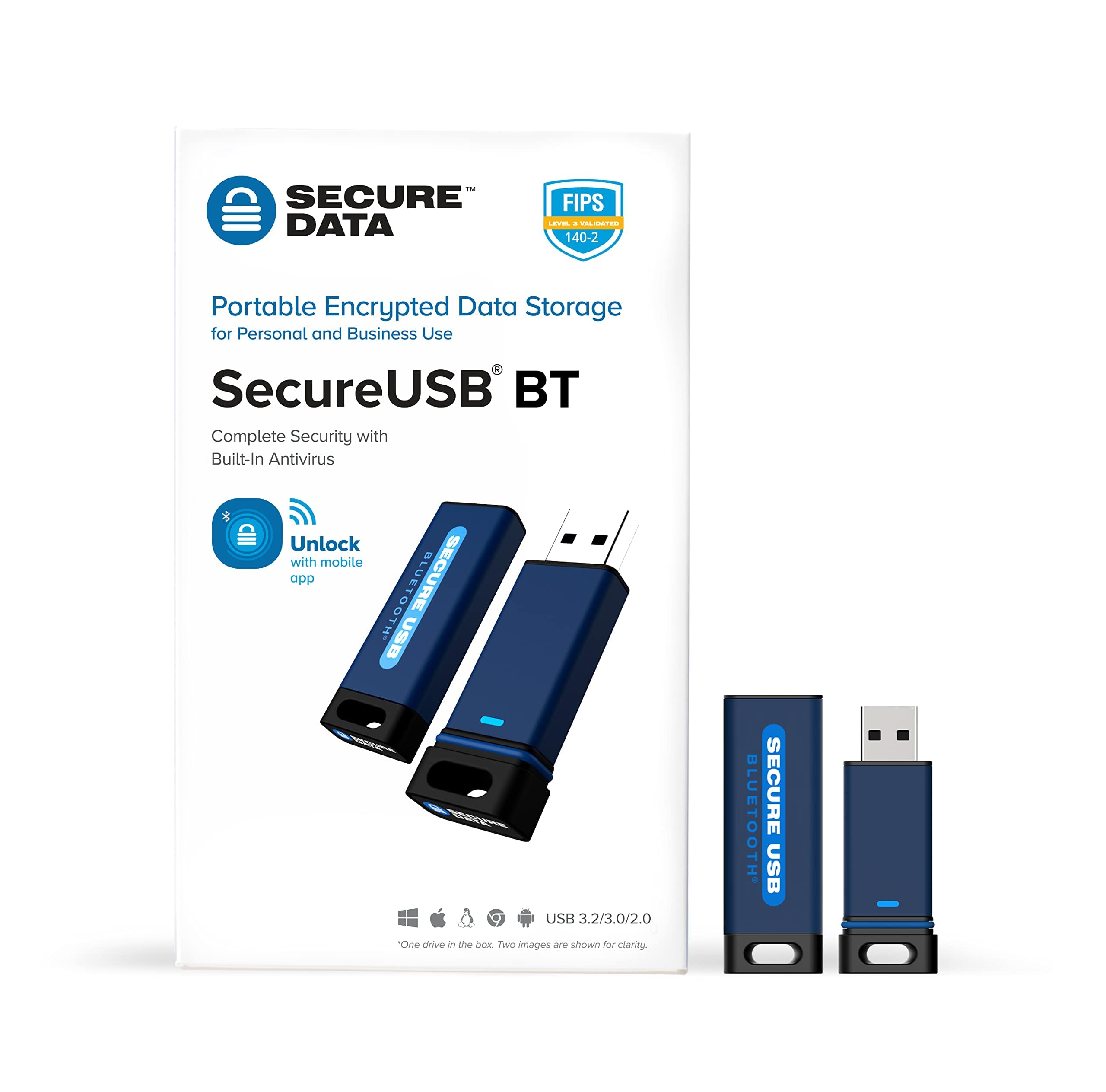 SecureData SecureUSB BT 32GB Hardware Encrypted USB 3.0 Flash Drive FIPS 140-2 Level 3 Unlock via Phone app TAA Compliant, CJIS, HIPAA, CMMC, GDPR Compliant, Works with Mac and Win Free AV