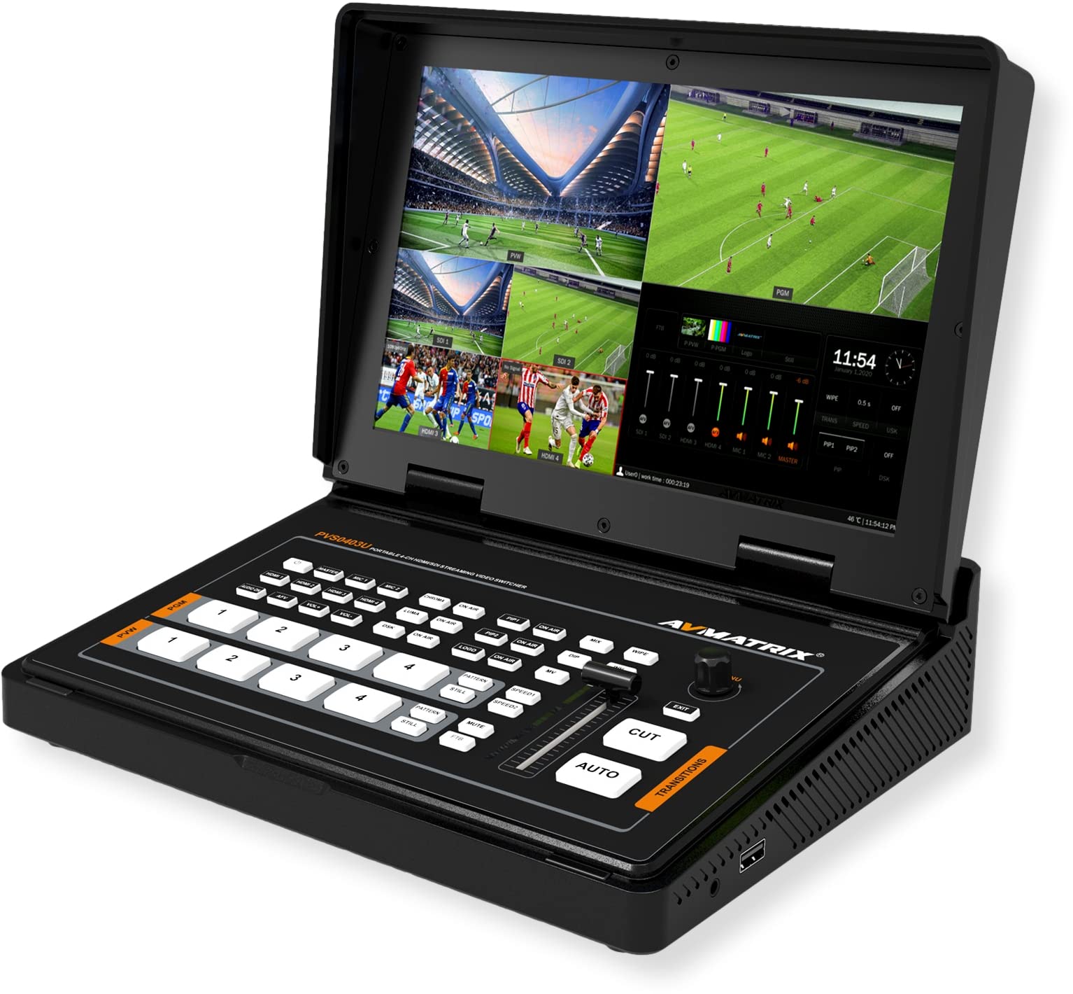 AVMATRIX PVS0403U Portable SDI/HDMI Video Switcher, 10.1-incch FHD IPS LCD Monitor, USB for Capturing and Streaming, T-bar/Auto/Cut Transitions, Scaled Output and Multiview, 2PIP/POP, Logo Overlay