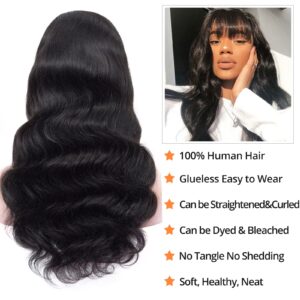 Body Wave Wigs with Bangs Human Hair Wigs for Black Women None Lace Front Wigs 150% Density Brazilian Virgin Hair Glueless Machine Made Wig Natural Color(20 Inch, Body Wave)