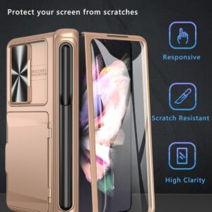 Vihibii for Samsung Galaxy Z Fold 3 Case with S Pen Holder & Hinge Protection, Credit Card Slot Kickstand Design, Slide Camera Cover & Screen Protector, Hard PC Phone Case for Z Fold 3 5G (Rose Gold)