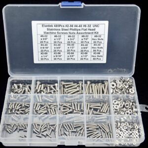 Elantek #2-56#4-40#6-32 UNC Stainless Steel Phillips Flat Head Countersunk Machine Screws Nuts Assortment Kit