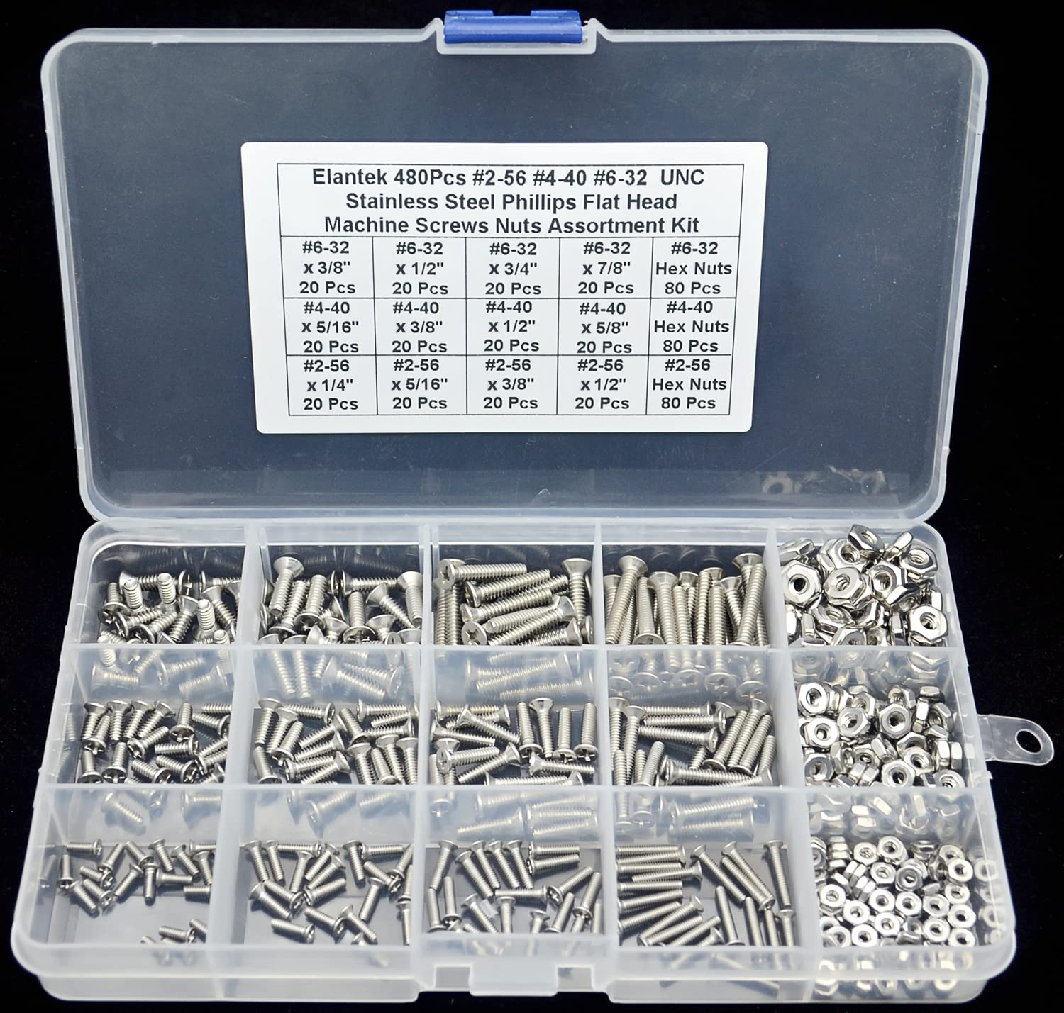 Elantek #2-56#4-40#6-32 UNC Stainless Steel Phillips Flat Head Countersunk Machine Screws Nuts Assortment Kit