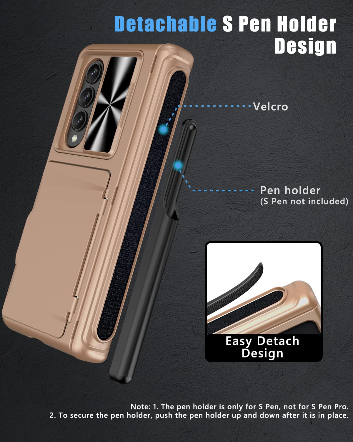 Vihibii for Samsung Galaxy Z Fold 3 Case with S Pen Holder & Hinge Protection, Credit Card Slot Kickstand Design, Slide Camera Cover & Screen Protector, Hard PC Phone Case for Z Fold 3 5G (Rose Gold)