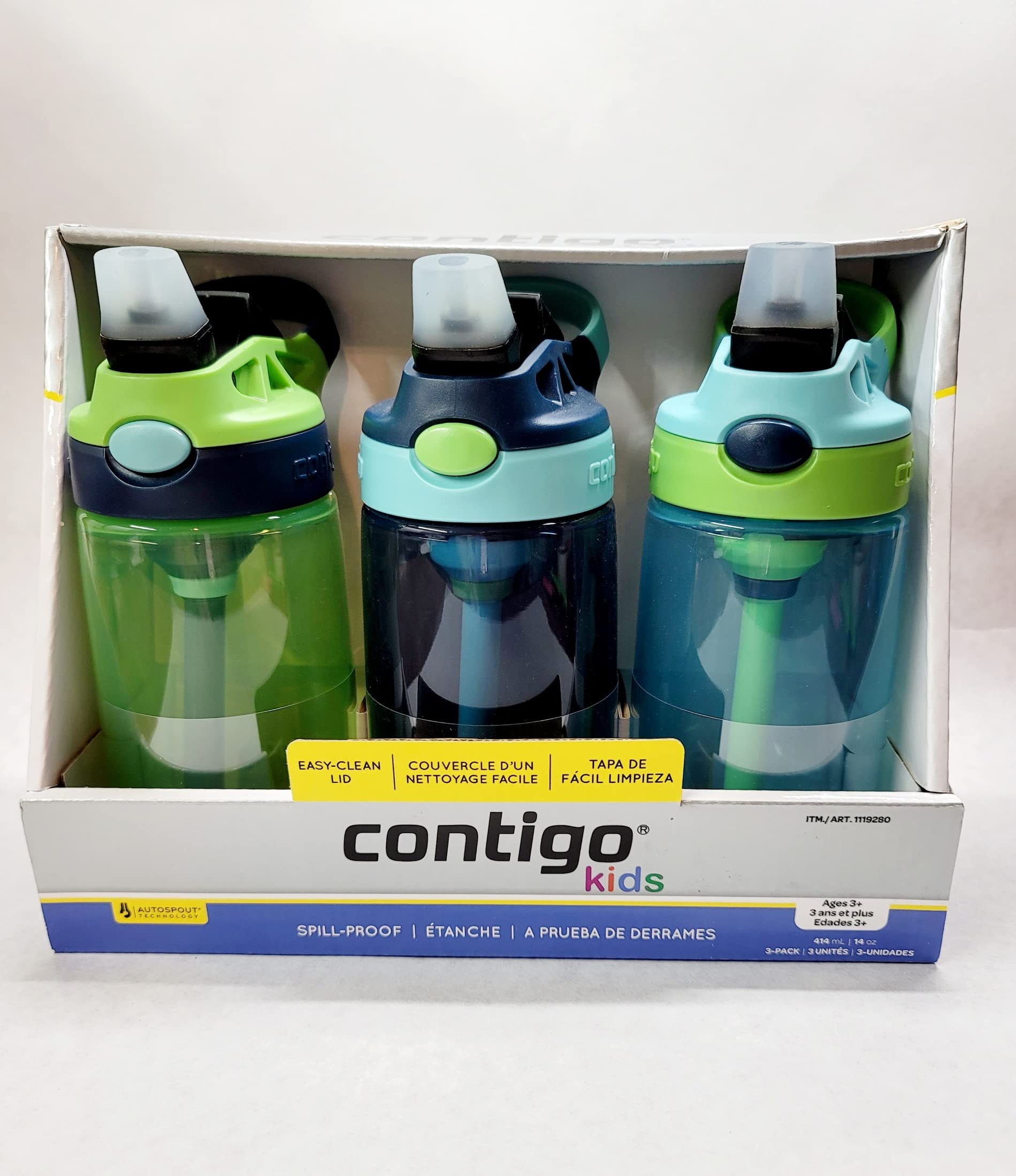 Contigo Kids Water Bottle, 14 oz with Autospout Technology – Spill Proof, Easy-Clean Lid Design – Ages 3 Plus, Top Rack Dishwasher Safe, 3-Pack, Green / Blue, blue green