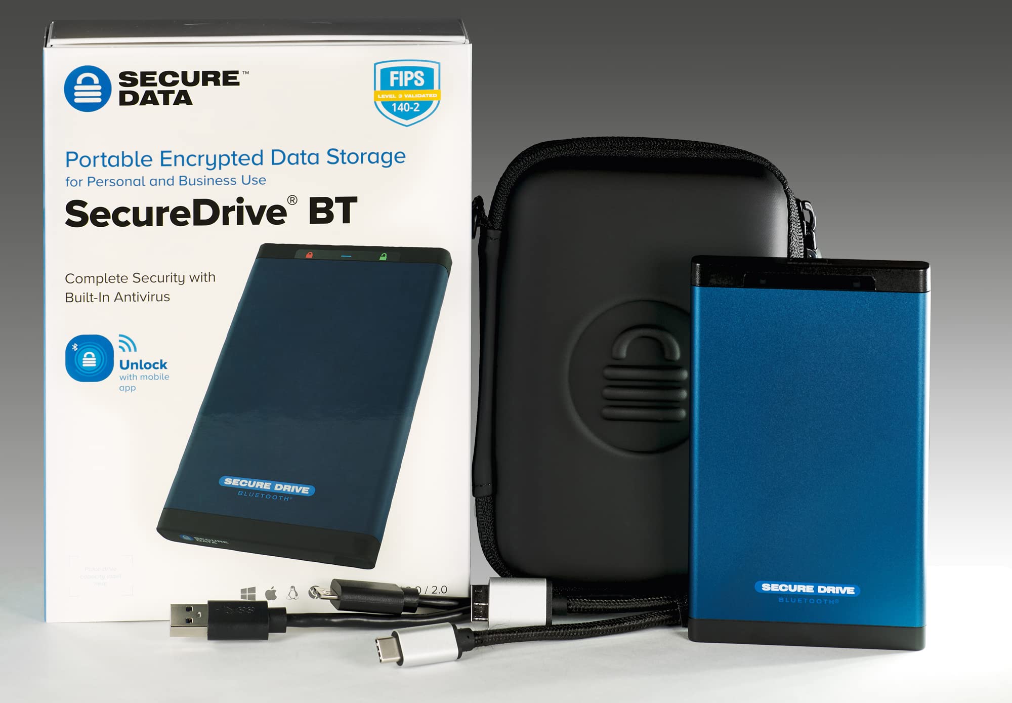 SecureData SecureDrive BT 2TB SSD Hardware Encrypted USB 3.0 Ext Drive FIPS 140-2 Level 3 Unlock via Phone app TAA Compliant, CJIS, HIPAA, CMMC, GDPR Compliant, Works with Mac and Win Free AV