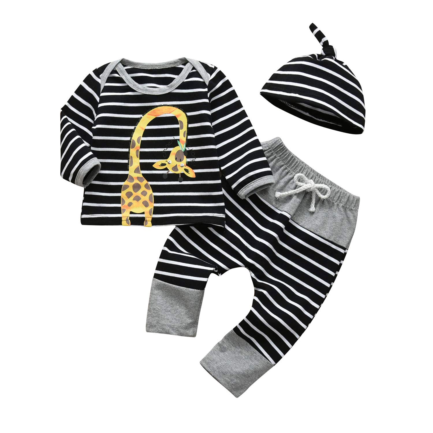 3PCS Newborn Baby Boy Clothes Giraffe Printed Long Sleeve Stripe T-Shirt Pants and Hat Outfit Set Newborn