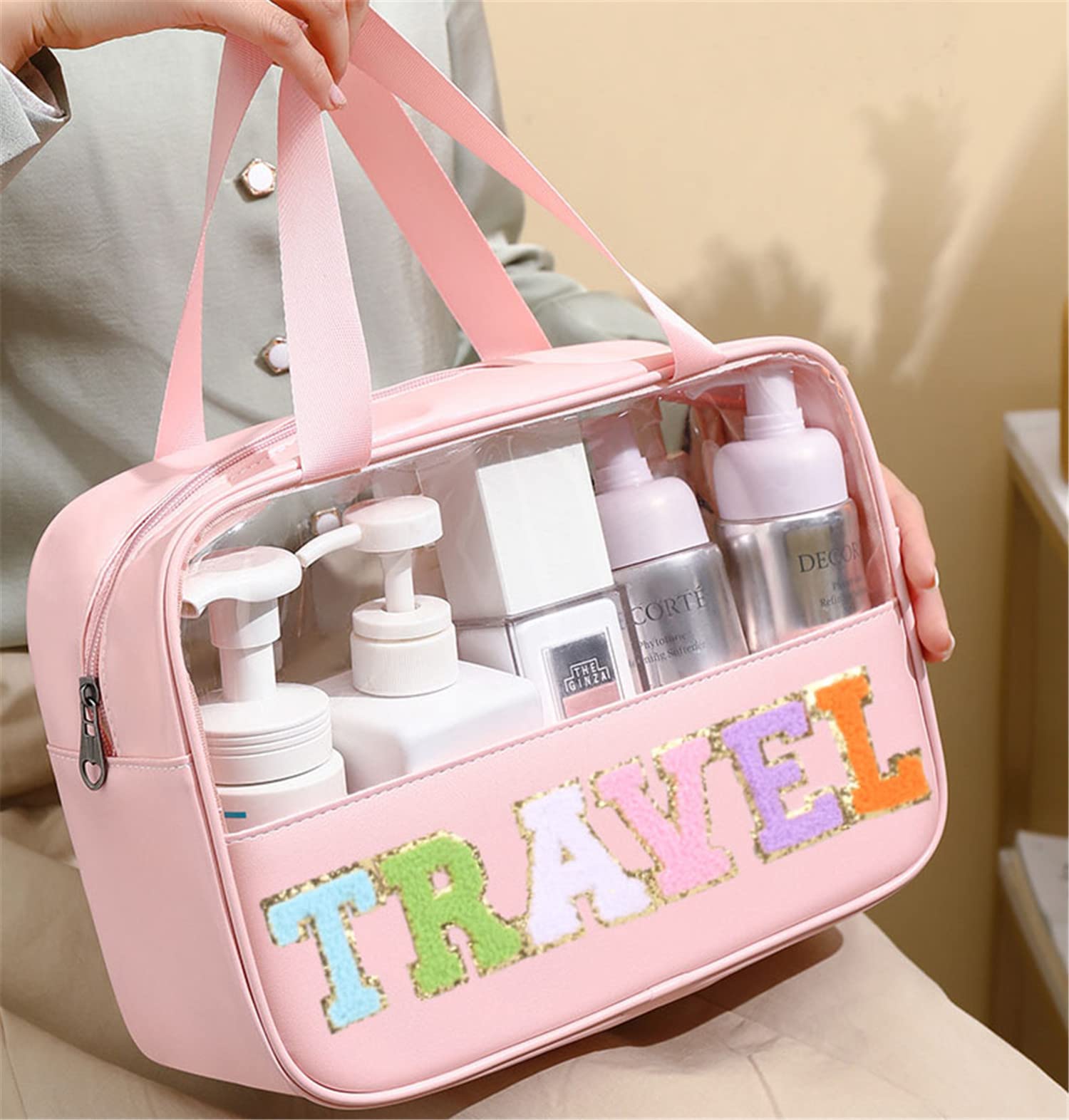 CRUOXIBB Chenille Letter Patch Clear PVC And PU leather Large Travel Makeup Toiletry Storage Bag Waterproof Makeup Tote Bag for Women (Travel-Pink)