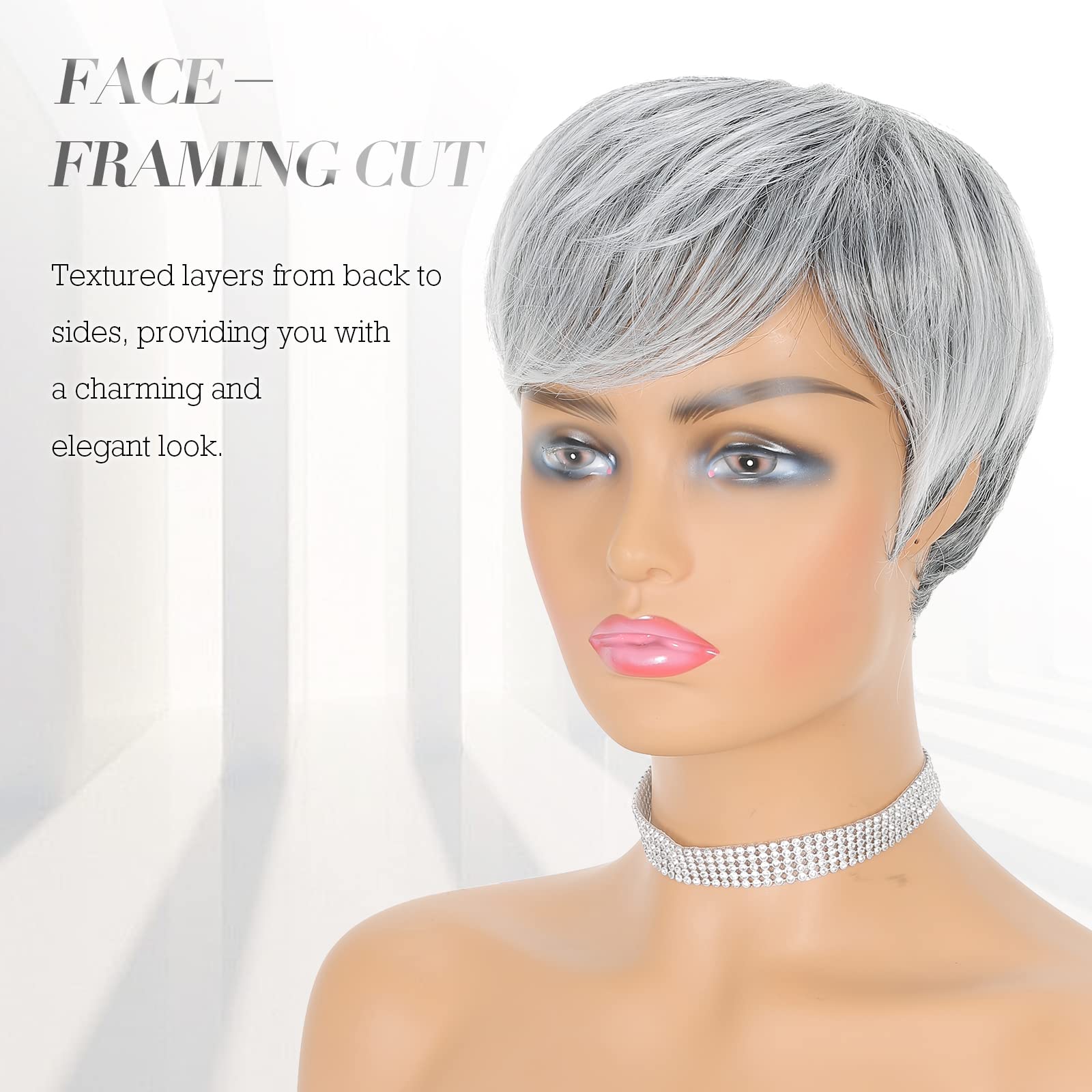 FESHFEN Pixie Cut Wigs Synthetic Short Ombre Gray Pixie Haircut Wig with Bangs Glueless Layered Wig Wavy Grey to Black Wigs for Women