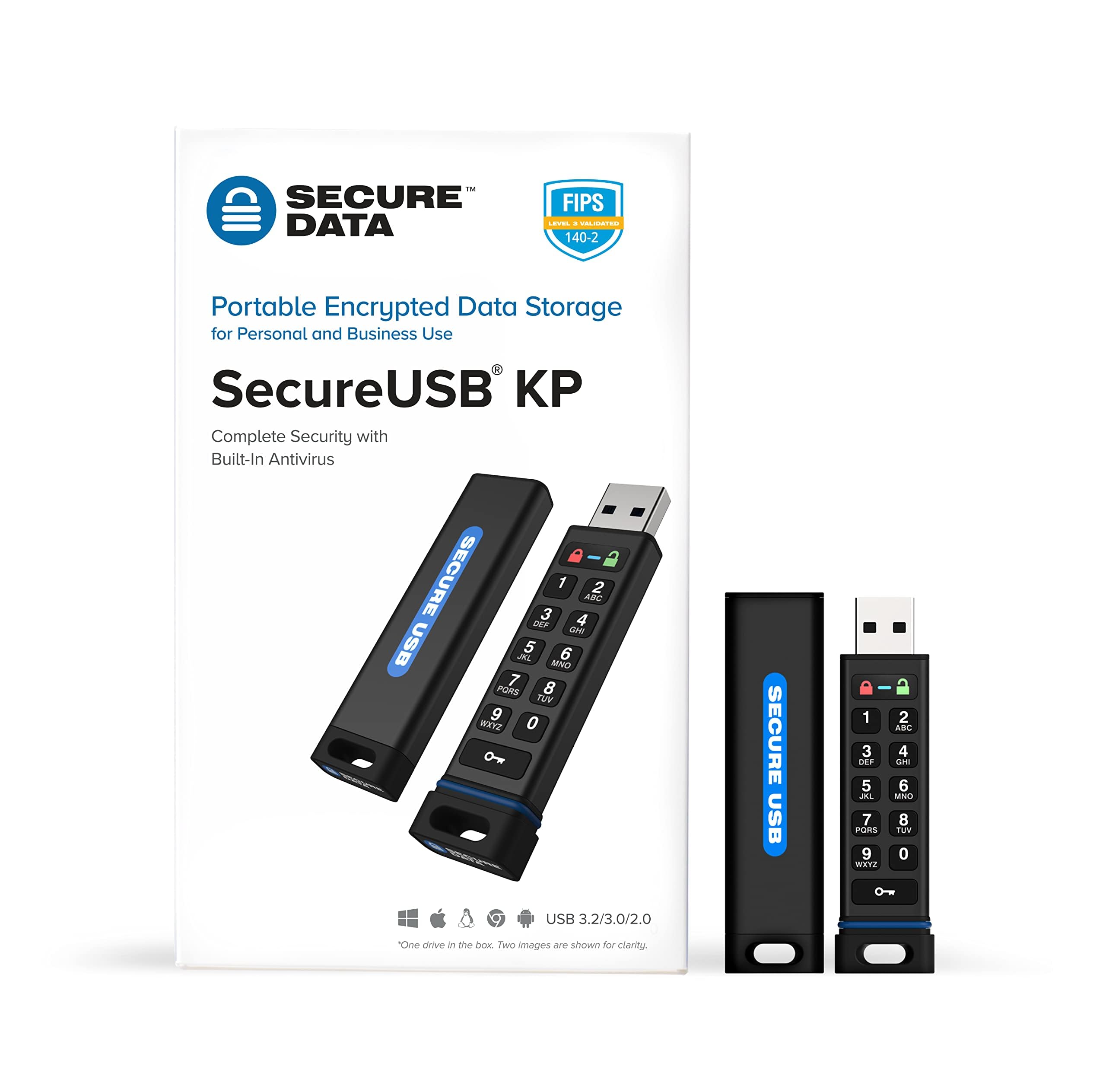 SecureData SecureUSB KP 16GB Hardware Encrypted USB 3.0 Flash Drive FIPS 140-2 Level 3 Unlock via Keypad TAA Compliant, CJIS, HIPAA, CMMC, GDPR Compliant, Works with Mac and Win Free AV