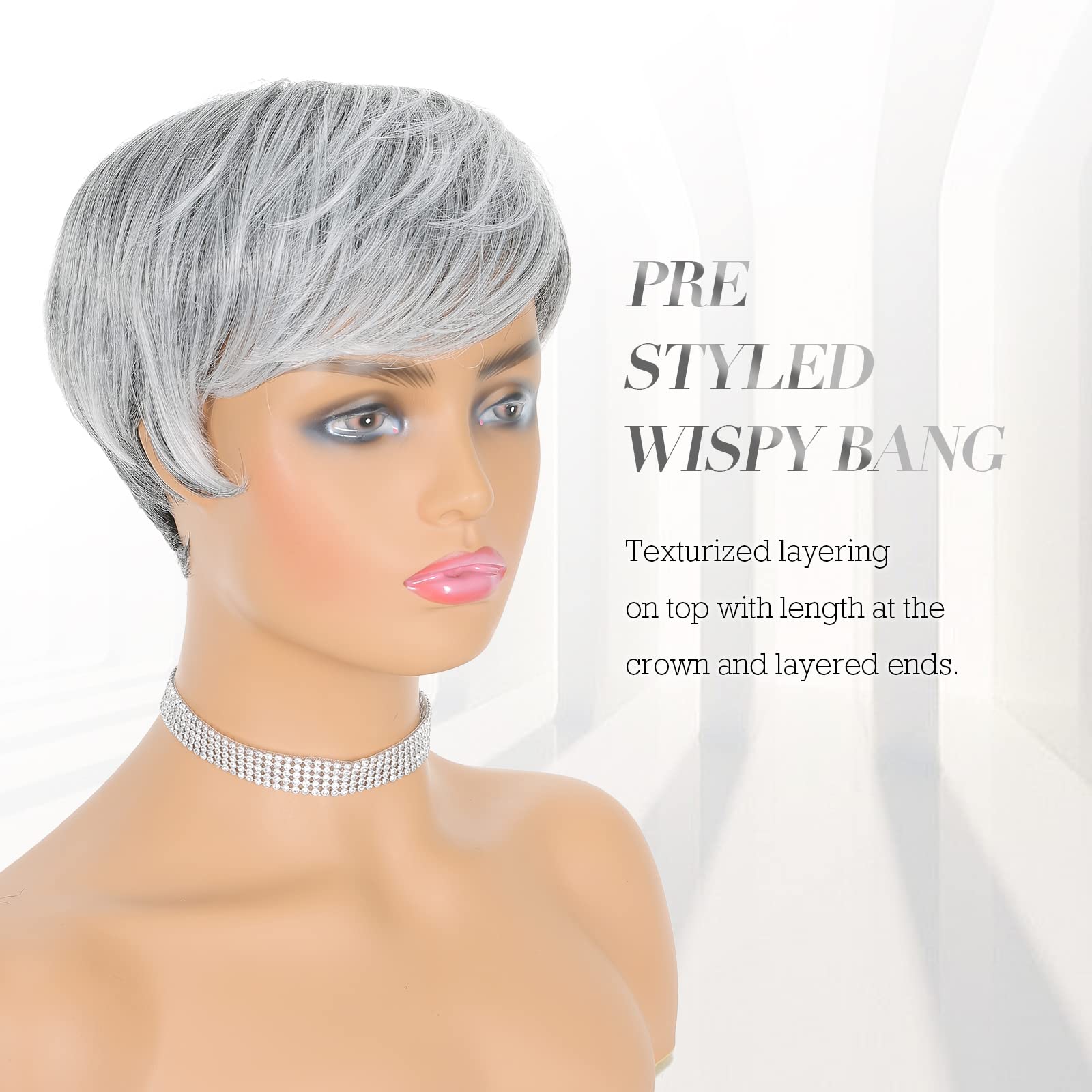 FESHFEN Pixie Cut Wigs Synthetic Short Ombre Gray Pixie Haircut Wig with Bangs Glueless Layered Wig Wavy Grey to Black Wigs for Women