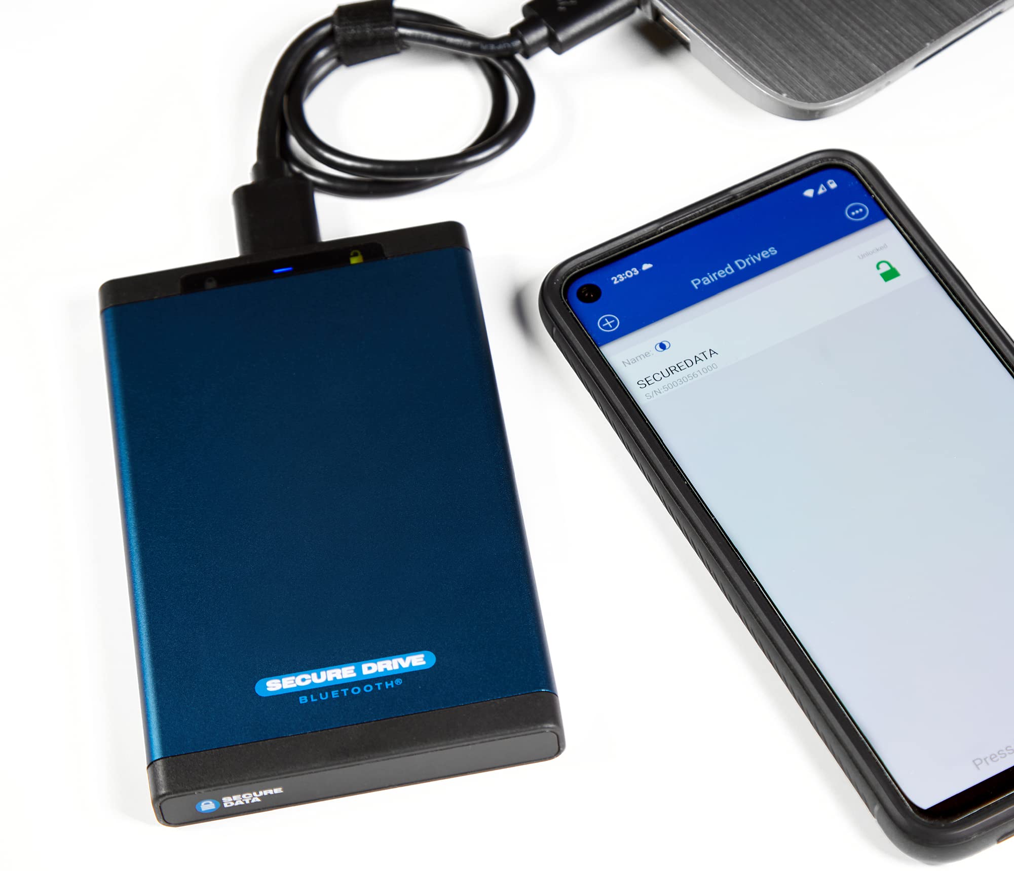 SecureData SecureDrive BT 2TB SSD Hardware Encrypted USB 3.0 Ext Drive FIPS 140-2 Level 3 Unlock via Phone app TAA Compliant, CJIS, HIPAA, CMMC, GDPR Compliant, Works with Mac and Win Free AV