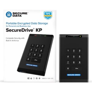 SecureData SecureDrive KP 250GB SSD Hardware Encrypted USB 3.0 External Drive FIPS 140-2 Level 3 Unlock via Keypad TAA Compliant, CJIS, HIPAA, CMMC, GDPR Compliant, Works with Mac and Win Free AV