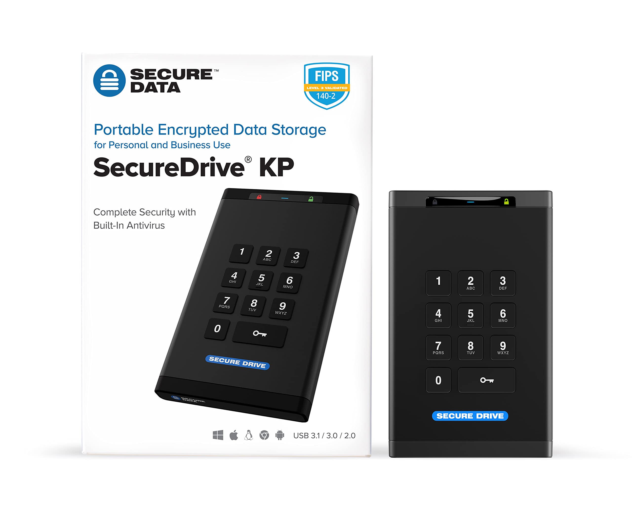 SecureData SecureDrive KP 250GB SSD Hardware Encrypted USB 3.0 External Drive FIPS 140-2 Level 3 Unlock via Keypad TAA Compliant, CJIS, HIPAA, CMMC, GDPR Compliant, Works with Mac and Win Free AV