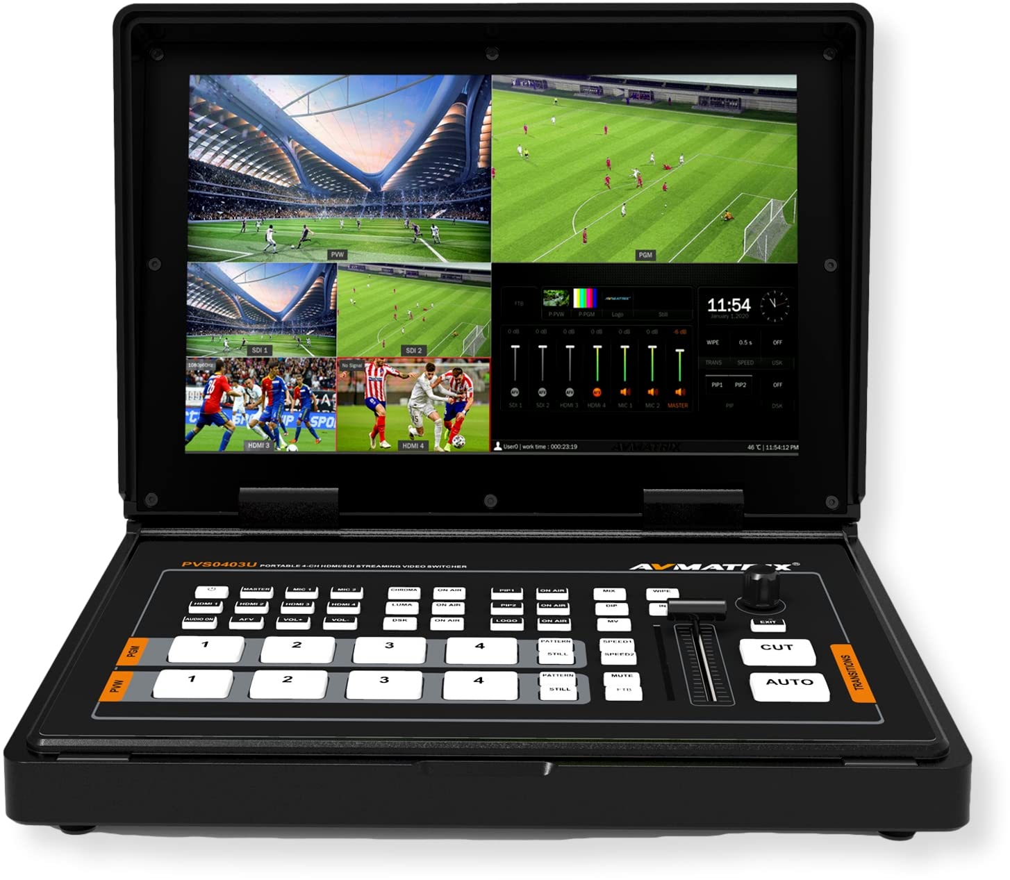 AVMATRIX PVS0403U Portable SDI/HDMI Video Switcher, 10.1-incch FHD IPS LCD Monitor, USB for Capturing and Streaming, T-bar/Auto/Cut Transitions, Scaled Output and Multiview, 2PIP/POP, Logo Overlay