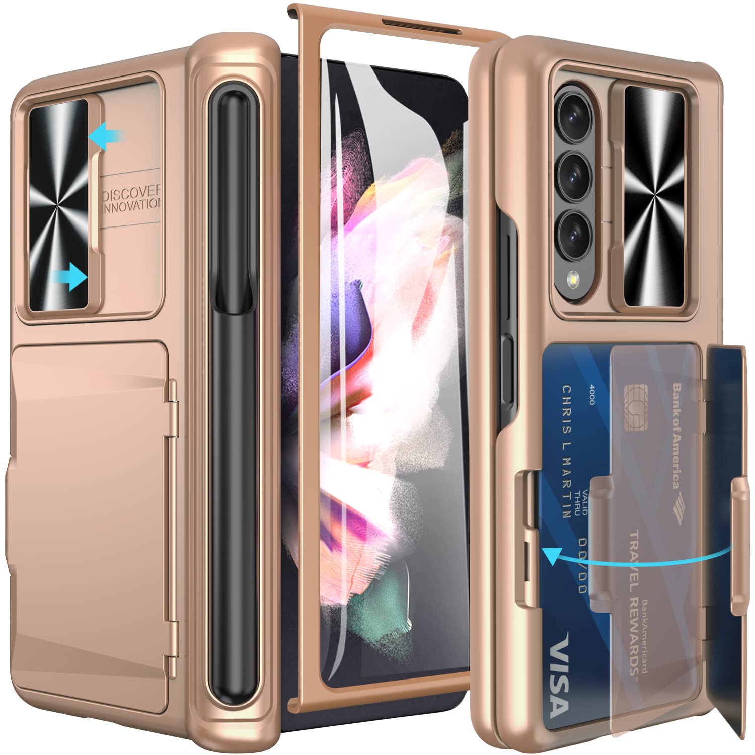 Vihibii for Samsung Galaxy Z Fold 3 Case with S Pen Holder & Hinge Protection, Credit Card Slot Kickstand Design, Slide Camera Cover & Screen Protector, Hard PC Phone Case for Z Fold 3 5G (Rose Gold)