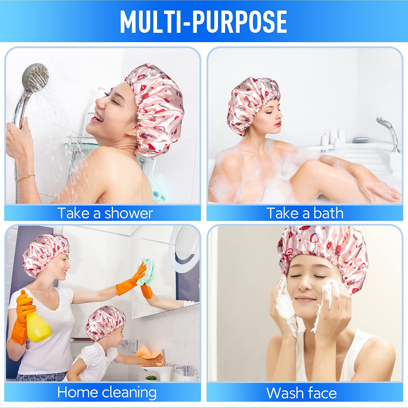 Shower Caps for Women Reusable Waterproof- Adjustable Women Shower Cap Reusable Hair Cap for Shower, Shower Cap for Adult and Kids