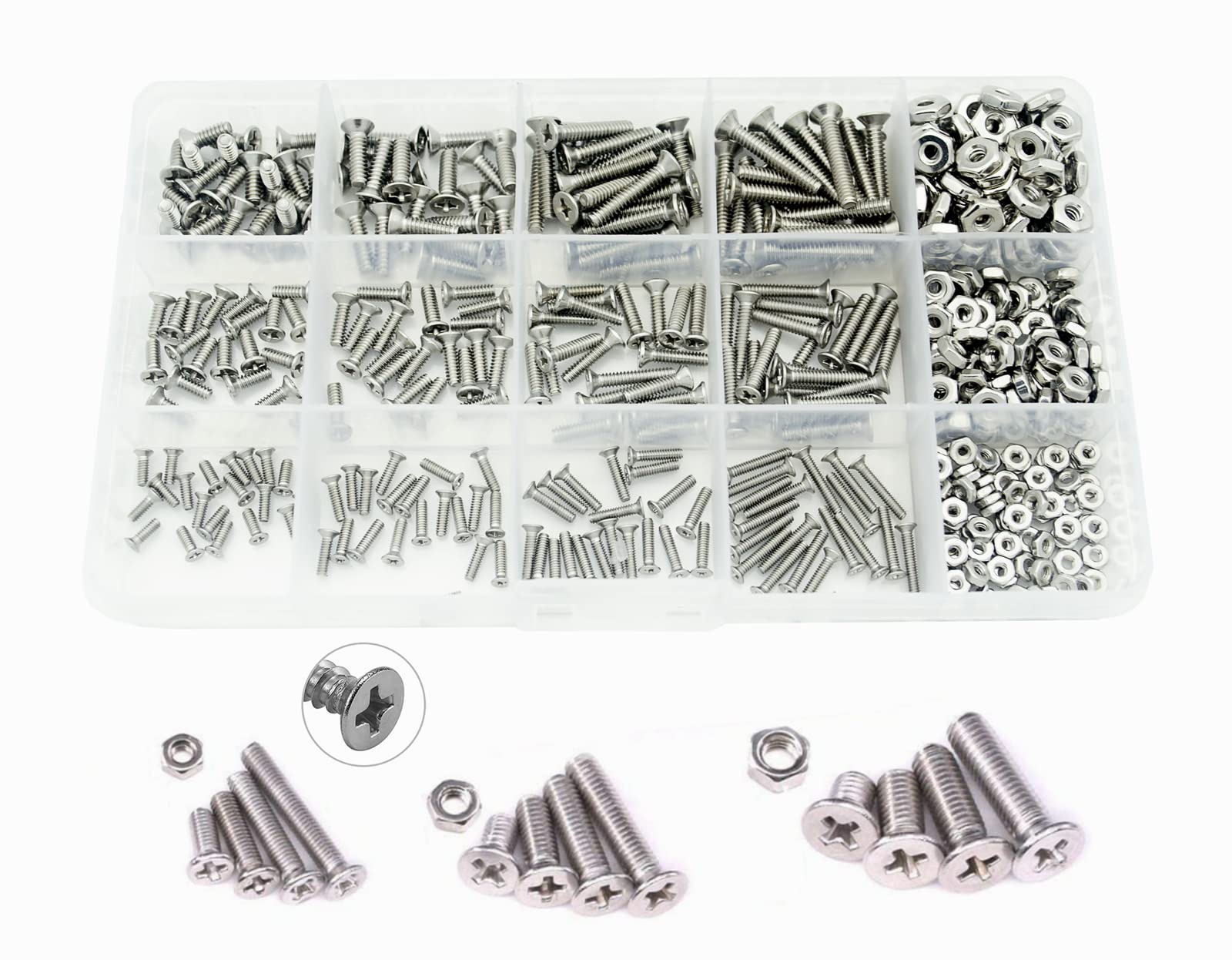 Elantek #2-56#4-40#6-32 UNC Stainless Steel Phillips Flat Head Countersunk Machine Screws Nuts Assortment Kit