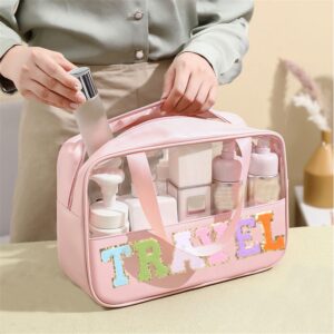 CRUOXIBB Chenille Letter Patch Clear PVC And PU leather Large Travel Makeup Toiletry Storage Bag Waterproof Makeup Tote Bag for Women (Travel-Pink)