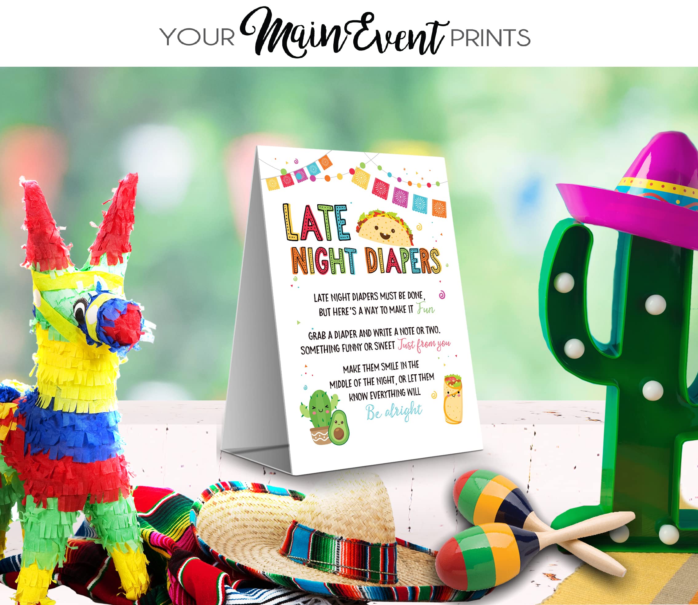 Your Main Event Prints Baby Shower Game Fiesta Taco Late Night Diaper Sign - 1 Self-Standing Poster - Fun and Festive Baby Shower Activity