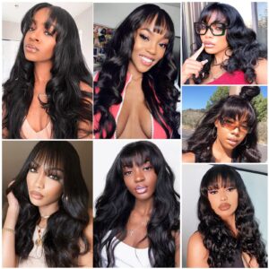 Body Wave Wigs with Bangs Human Hair Wigs for Black Women None Lace Front Wigs 150% Density Brazilian Virgin Hair Glueless Machine Made Wig Natural Color(20 Inch, Body Wave)