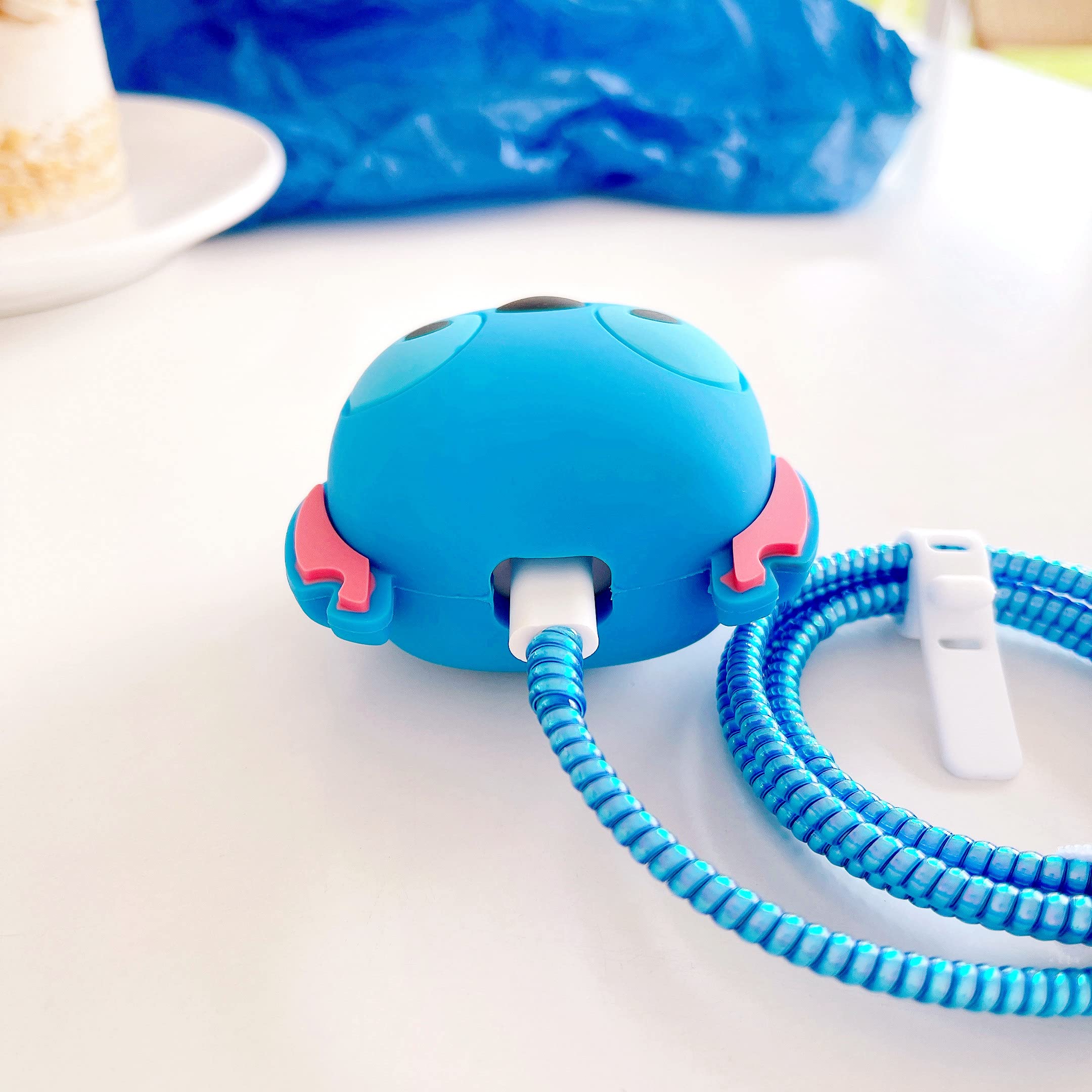 3D Cute Cartoon Charger Protector Case - Compatible for Apple 20W USB-C Power Adapter and Lightning Cable (Blue Lion Stitch)