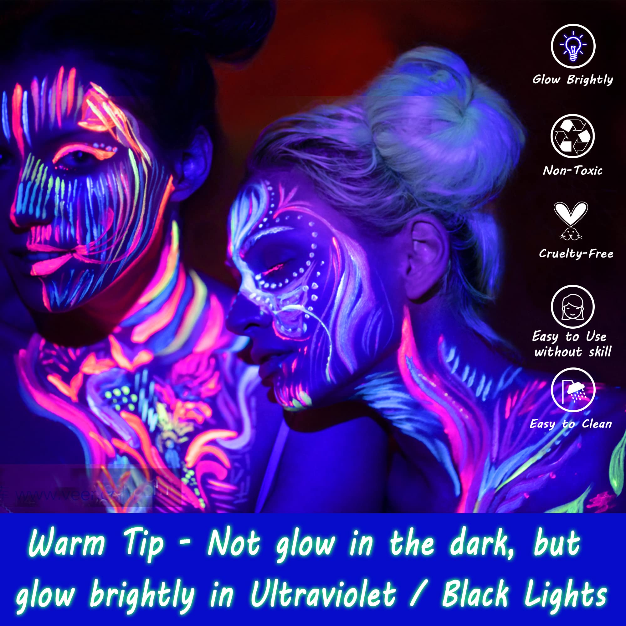 CCbeauty Pro Large 8 Neon Glow In The Black Lights Face Body Paint Makeup,Water Based Activated Eye Liner, Non-Toxic Washable for Kids Adults, Halloween Costume Masquerades Club Makeup