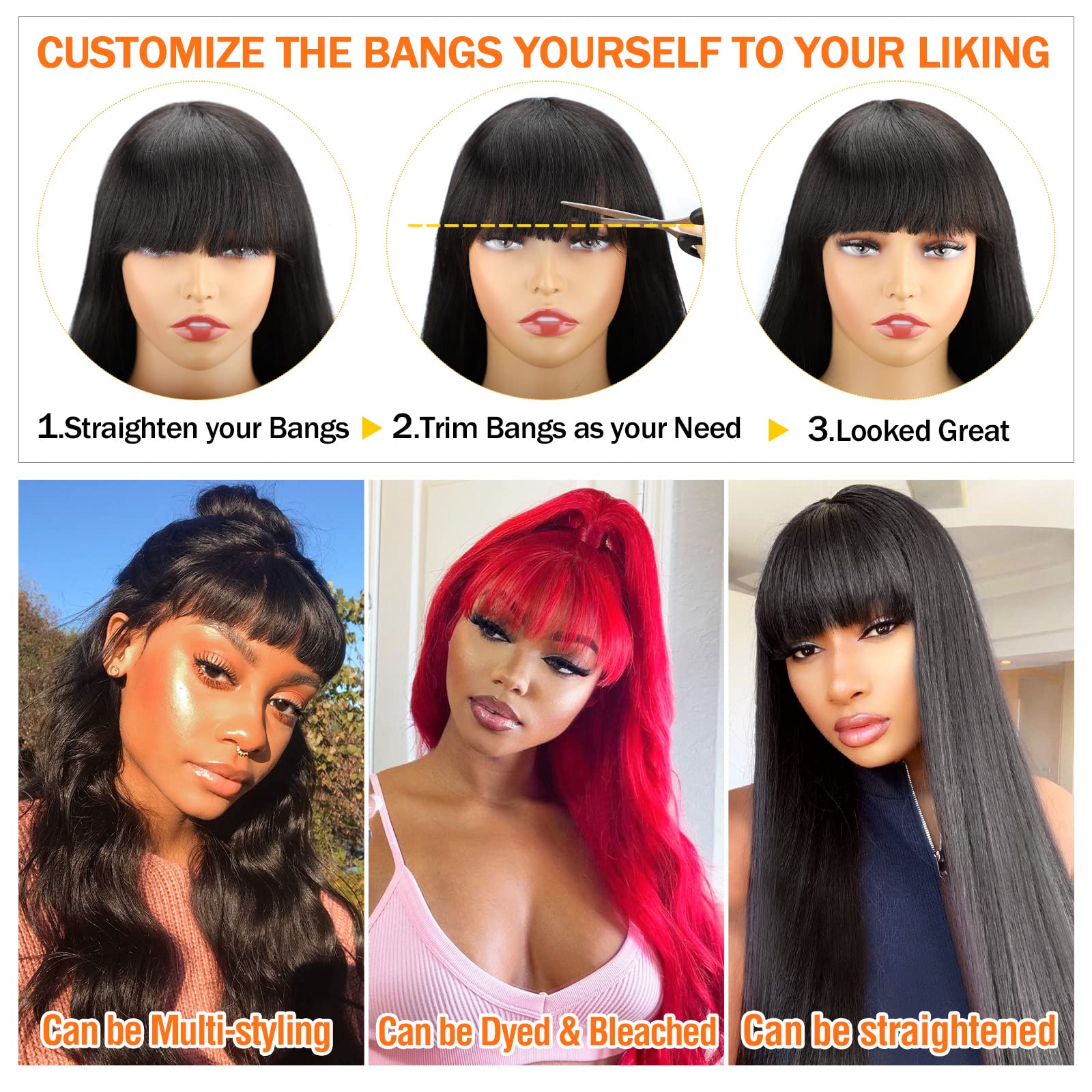 Body Wave Wigs with Bangs Human Hair Wigs for Black Women None Lace Front Wigs 150% Density Brazilian Virgin Hair Glueless Machine Made Wig Natural Color(20 Inch, Body Wave)