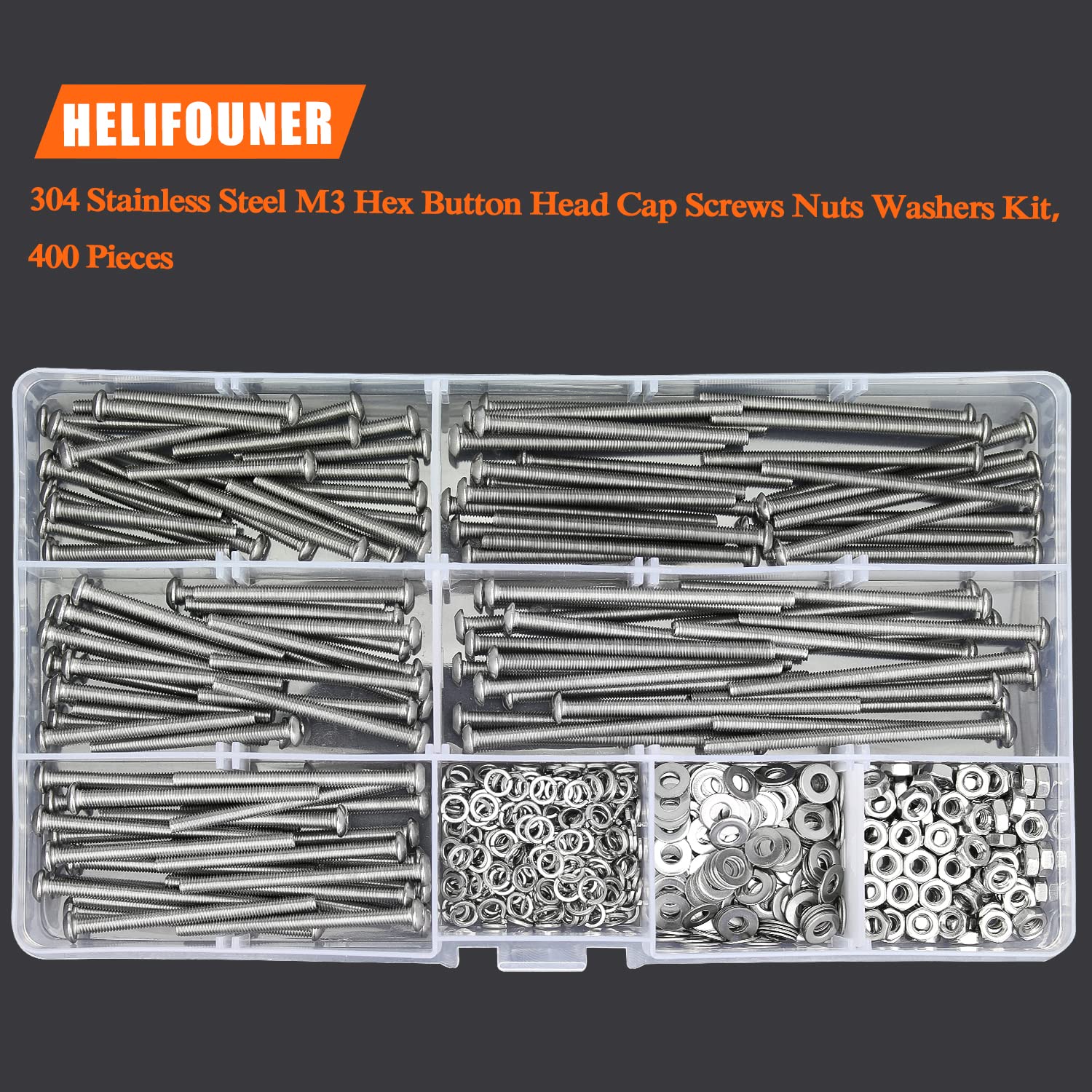 HELIFOUNER 400 Pieces M3 x 30mm /35mm /40mm /45mm /50mm, Button Head Socket Cap Metric Screws Nuts Washers Kit, 304 Stainless Steel